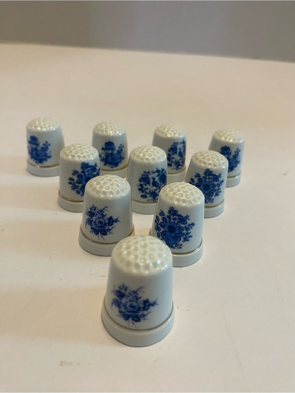 Porcelain Blue & White Holland Florals, Scenes  Dimpled Thimbles Lot Of 10